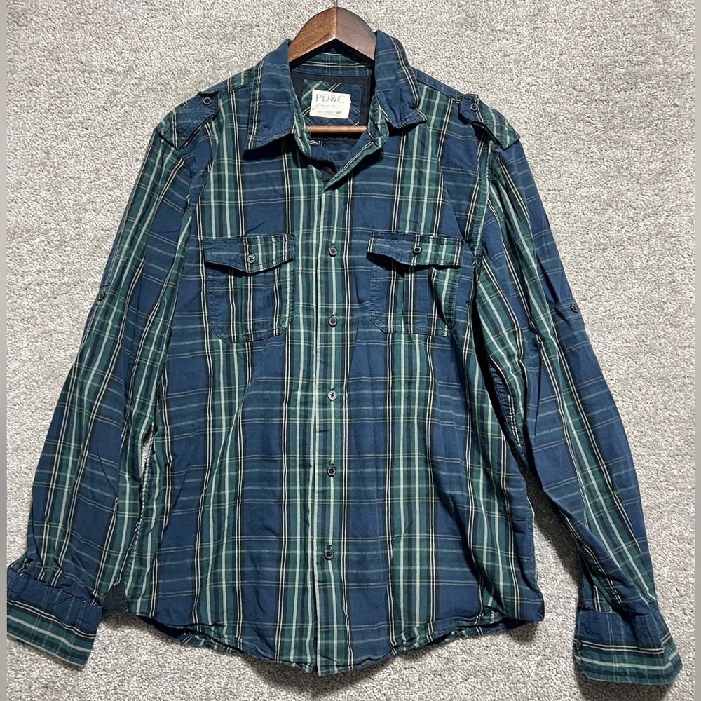 PD&C Men’s Green Blue Plaid Button Up Casual or Dress Shirt Size Large